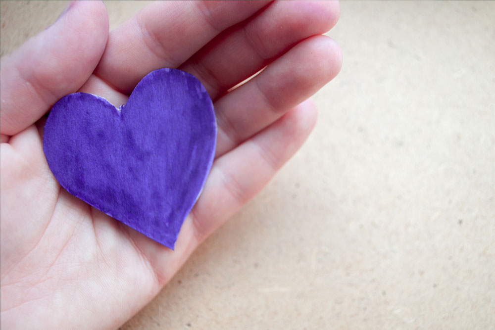 Hand holds a purple heart. Expression of understanding and compassionate love